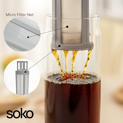 Image of Soko Cold Brew, Iced Coffee & Hot Tea Maker | Borosilicate Glass Bottle with Removable Mesh Filter | Airtight Seal Pot | Dishwasher Safe Kettle for Beverages Infuser - Kitchen, Office, Cafe - Grey