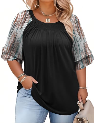 Chulianyouhuo Womens Plus Size 3/4 Ruffle Sleeve Tops Pleated Flowy Loose Blouses Casual Trendy 2025 Shirt(Black 3XL)