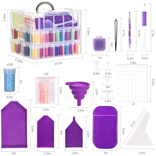 QUEFE 3-Tier Diamond Painting Storage Container, 100 Slots Clear Stackable Bead Organzier with Diamond Painting Accessories and Tools for DIY Diamond Art Craft Jewelry Bead Storage - Thumbnail 2