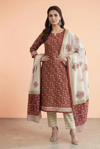 Image of Eddika women unstitched hand block printed cotton suit set with mulmul dupatta ehbpcswmd0120P
