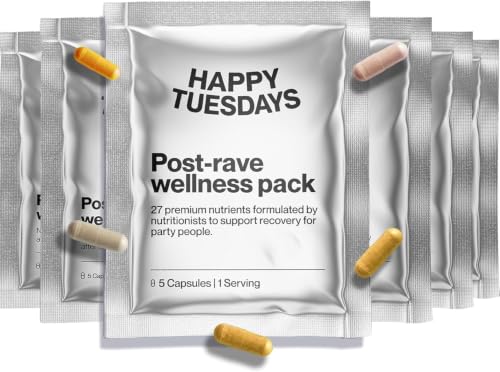 Happy Tuesdays Post-Rave Wellness Packs | After Party Recovery Capsules | Supports Mood Sleep Energy Focus Tired Muscles | 5-HTP NAC ALA Tyrosine B Vitamins Magnesium Ashwagandha | 6 Pack
