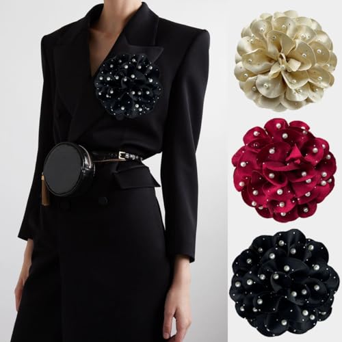 Image of Elegant Large Rose Flower Brooches Lapel Pins Handmade Dainty Satin Fabric Pearl Brooches Big Camellia Flower Brooch Pin for Women Wedding Part Dance Dress Suit Clothes Accessories Prom Jewelry