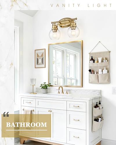 Image of Gold Bathroom Light Fixtures, 2-Light 14 inch Vanity Lights with Clear Globe Glass Shades, Farmhouse Vintage Vanity Lighting Fixtures Over Mirror, E26 Base, AD-2147-2W-BG
