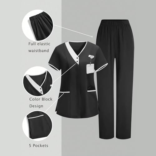 Image of 2026 Scrub for Cleaning Jobs Uniform, Multi Pockets Scrubs for Women Sets, V-Neck Top & Straight Leg Pants Scrubs Set