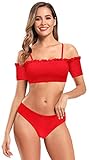 SHEKINI Damen Schulterfreie Zweiteiliger Bikinis mit Kurze Ärmels Blumenmuster Bandeau Strandmode Große Größen Gepolsterte Bikini Set (M, Rot)