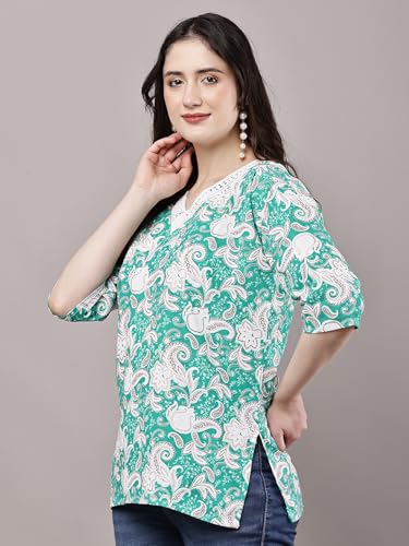 Image of Women's Red Printed Short Kurti with Lace Trim, 3 /4 Sleeves, Round Neck, Ethnic Style