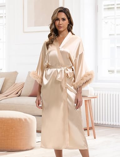 MEEYI Bride Robe for Wedding Day with Feather Trim Satin Robe for Women Bridal Party Long Silky Kimono (Champagne)