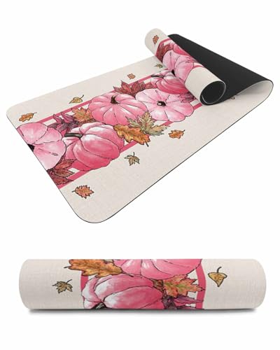 Debedcor Heat Proof Table Pads Waterproof Decorative, Pink Pumpkin Non-Slip Table Countertop Protector, Fall Thanksgiving Maple Burlap Leaf Insulation Mat for Dining Room, 48 x 12 Inches