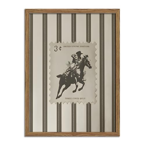Framed Vintage Western Cowboy Wall Art Retro 3¢ Stamp PosterStriped Mid-Century Southwest Aesthetic, Rustic Rodeo Horse Rider Canvas Print for Living Room Bedroom Home Decor 12×16 inch Wood Frame