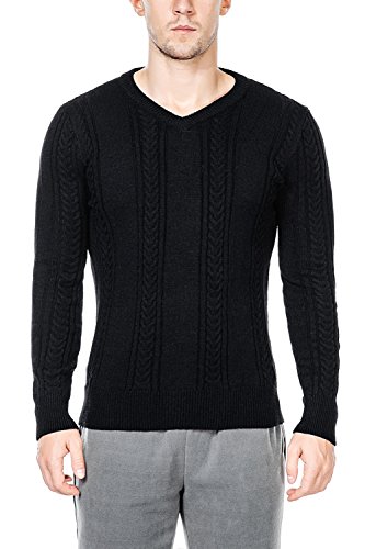 Rocorose Men's Slim Fit Cable Knit Long Sleeves V-Neck Pullover Sweater Black L