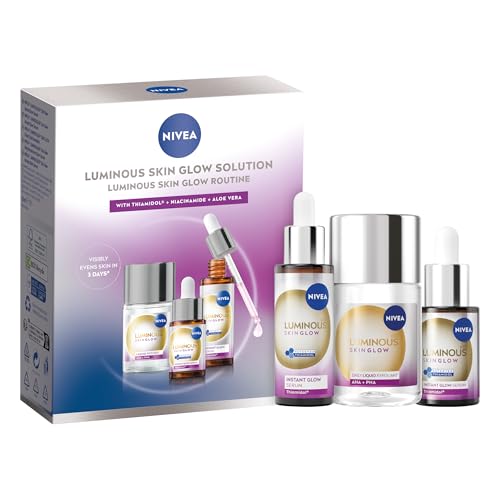 NIVEA Luminous Skin Glow Solution Gift Pack (3 Products) Gift Set For Women Includes Face Serum (30ml and 15ml) and Liquid Face Exfoliator (100ml) Glowing Skin Care Essentials