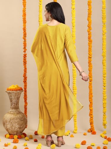 Image of GoSriKi Women's Rayon Viscose Embroidered Straight Kurta with Pant & Dupatta