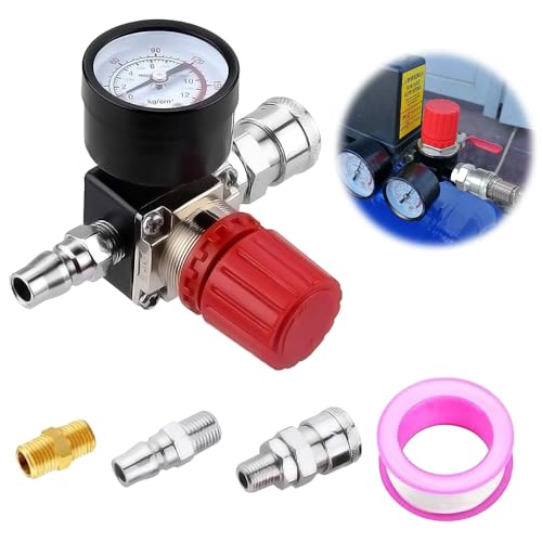 mizikuu 1/4' Druckminderer Druckluft, Druckschalter Regelventil Druckschaltventil mit Manometer 175 PSI Druckregler Kompressor für Luftverdichter, Luftkompressor - 4 Löcher