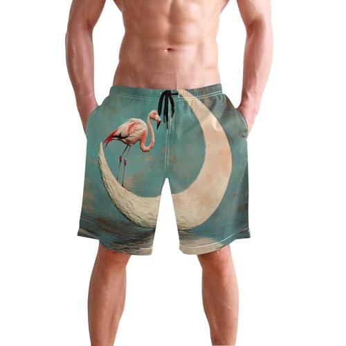 Men's Swim Trunks Flamingo Moon Print, Quick Dry Beach Board Shorts with Lining-S
