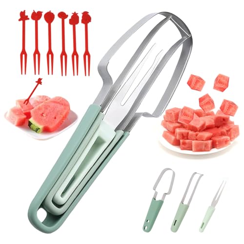 DTXYBC Cortador de Sandía 3 en 1 de Acero Inoxidable, Cortador de Melón Multifunción con 6 Tenedor de Frutas, Cortado de Frutas 3 en 1, Cortado de Sandía, para Casa, Fiesta, Camping