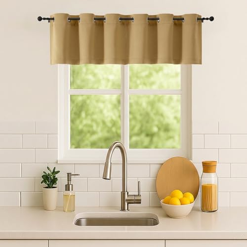 Image of Simplebrand Gold Window Valance for Kitchen 14 Inches Long 2 Panels Set, Room Darkening Valance Curtains for Living Room, Grommet Short Privacy Kitchen Curtains for Bedroom Kids Room, 40Wx14L