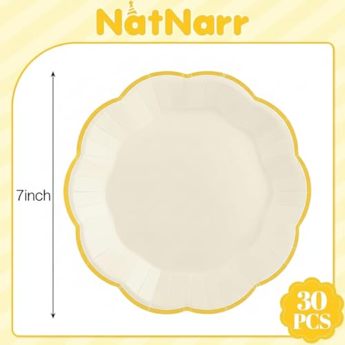 Image of NatNarr 30 Pcs Cream Paper Plates, 7 Inch Ivory New Years Plates with Gold Trim Scalloped White and Gold Plate for New Year, Baby Shower, Wedding (Pack of 2)