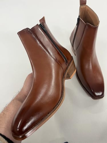 Image of LOZANO Italian Cut Classic Leather Chelsea Boots for Men | High Ankle Cuban Heel Square Toe Zip Closure Cushioned Insole Boot