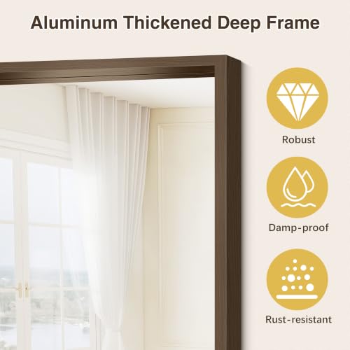 Image of Bathroom Mirror, 24 x 24 inch Walnut Wood Grain Colored Aluminum Metal Frame Bathroom Vanity Mirror, Square Wall Mirror for Bedroom Living Room, Tempered Glass, Anti-Rust