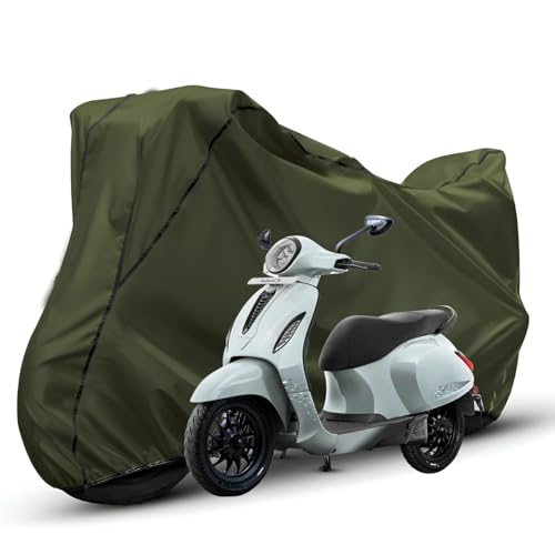 Image of Waterproof Bike Body Cover Compatible with Bajaj Chatak Dustproof Scratchproof - Motorcycle Cover for Two Wheeler, Outdoor Full Cover with UV, Duty, Rain Protection (Olive with Black)