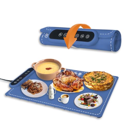 EXTRAMBOTIQUEX Food Warming Mat, Fast Heating Silicone Electric with 6 Level Temperature up to 24 Hours (Blue, 24'' x 14.8'' x 0.27'')