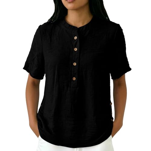 Relaxed Half Button Short Sleeve Top For with Side Button Placket In Solid Colors Tejido Que Respira