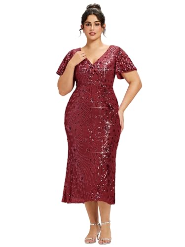 Image of Ever-Pretty Plus Women's Sequin V Neck Plus Size Prom Dress Mermaid Formal Cocktail Evening Dresses for Curvy Women