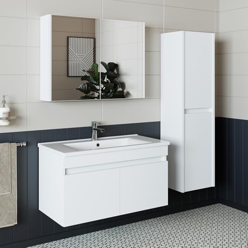 ROOMART • Badmöbel Set • Atria • 65 cm, 85 cm, 100 cm • Weiß • Waschbecken mit Unterschrank • Spiegelschrank • Hochschrank (Komplettset, 85 cm) ROOMART • Badmöbel Set • Atria • 65 cm, 85 cm, 100 cm • Weiß • Waschbecken mit Unterschrank • Spiegelschrank • Hochschrank (Komplettset, 85 cm)