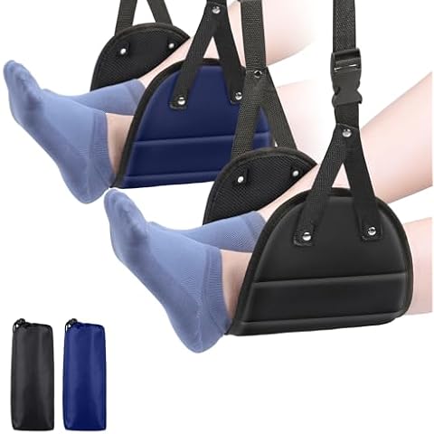 CELYST Airplane Foot Hammock 2-Pack Travel Essentials, Portable Foot Hammock for Plane Travel, Memory Foam Foot Rest for Air Travel, Desk Foot Rest, Black+Blue Cover