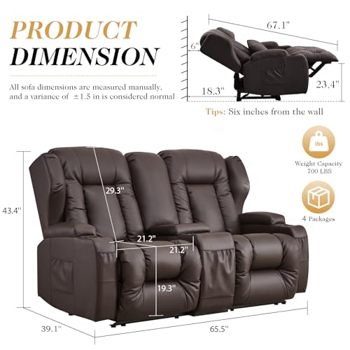 Image of Loveseat Recliner Sofa with Console,RV Wall Hugger Recliners for Small Spaces,Reclining Loveseat Sofa Recliner with LED Lights /Cup Holders /Lumbar Pillows,RV Furniture,PU Brown,66 inch 2-Seater with Light