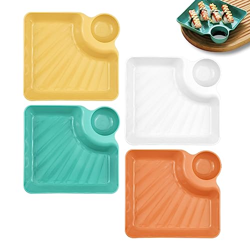 LNQ LUNIQI 4Pcs Plastic Plates with Sauce Compartment Square Serving Plates Dumpling Plate Seasoning Dish Snack Dish Sauce Plate for Home and Kitchen (4 Colors)