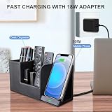 LADSTAG Organizer na długopisy, na biurko, z indukcyjną stacją ładującą, skórzany organizer biurowy, 10 W, bezprzewodowa ładowarka do iPhone 16, 15, 14, 13, 12 Pro Max, Samsung Galaxy