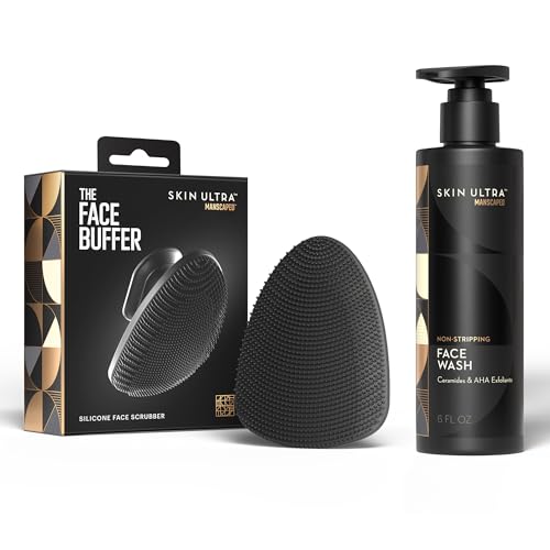 MANSCAPED® Face Buffer & Skin Ultra™ Face Wash – Men's Silicone Facial Scrubber & Exfoliating Facial Cleanser with Ceramides & AHA Complex for Deep Cleansing, Hydrated, Smooth Skin