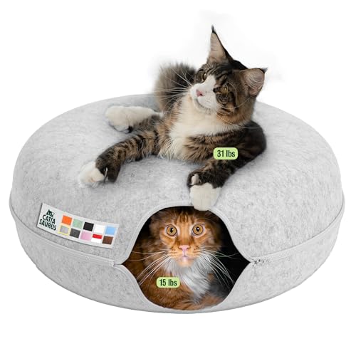 Cattasaurus Peekaboo Cat Cave Donut for Multiple & Large Cats up to 30-45 lbs 3-in-1 Self Warming Cat Bed Tunnel & Scratcher for Indoor Cats Washable & Detachable Small Dog Bed (Light Gray Jumbo)
