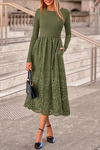 dowerme Women Spring Dresses 2026 Casual Long Sleeve Crewneck A-Line Boho Eyelet Cotton Maxi Wedding Guest Dress Pockets(Army Green,Small) — view 6