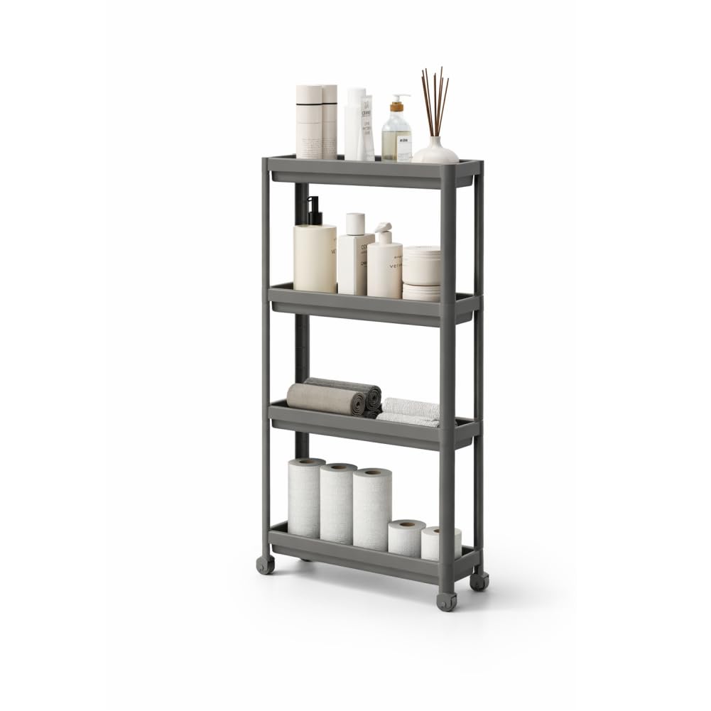 sugodesign Carrello sottile con 4 ripiani, organizer da cucina e bagno, mensola salvaspazio per nicchie strette, bianco, grigio e nero (grigio)