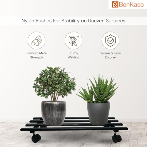 Image of BonKaso Rectangular Metal Plant Stand (Set of 2) with Wheels for Indoor & Outdoor Use (60x 22.9 x7.6 Cm) | Heavy Duty Flower Pot Holder | Holds Up to 100kg | Corner Plant Rack for Heavy Plants - Black