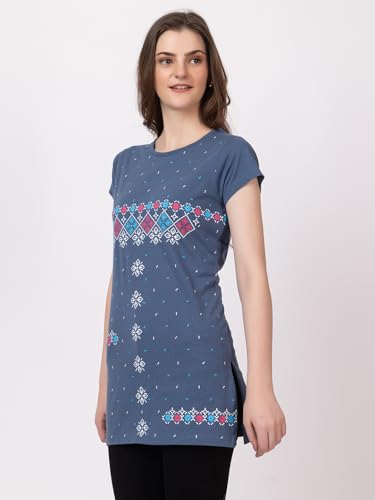 Image of Women Printed Cotton Tshirt with Side Slits & Pocket
