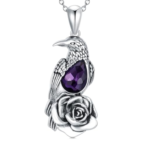 Raven Necklace with Crystal 925 Sterling Silver Rose Flower Crow Pendant Jewelry for Women