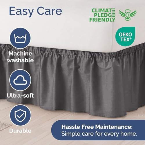 Image of Bed Skirt - Wrap Around Dust Ruffle Bed Frame Cover with Easy Fit Elastic Strap, Queen Size 12 Inch Drop, Microfiber Pleated, Machine Washable | Dark Grey