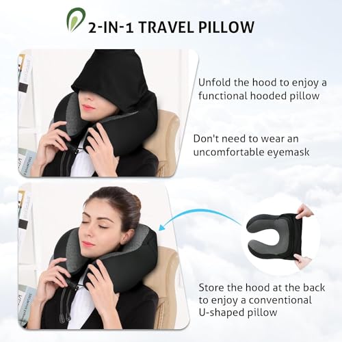 ADOFYS Travel Pillow for Neck Memory Foam, Hooded Travel Neck Pillow for Adults, Comfortable Neck Pillow for Travel with Hoodie, Flight Pillow, Airplane Pillow, Travel Cushion for Plane Car Train 3