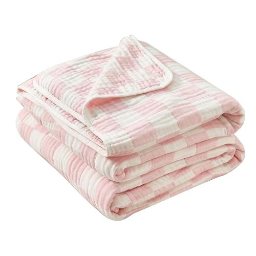 Image of Ultra Soft Cozy Cotton 6-Layer Muslin Baby Blanket 41" x41” Breathable Lightweight Pink Checkered Swaddle Blanket for Baby Girls Essentials Birthday Gifts All Seasons Both Sides