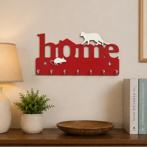 Image of Webelkart Premium Home Keys Wooden Key Holder (29 cm x 13.5 cm x 0.4 cm, Wood) 7 Hook - Decorative Items for Home Decor (Red)