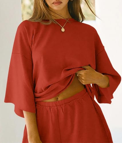 Image of Tankaneo Womens Pajama Sets 3 /4 Sleeve Oversized Tops & Loose Fit Shorts Lounge Set with Pockets Loungewear