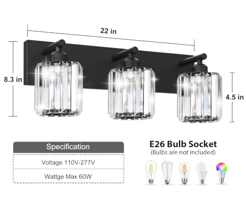 Image of Black Crystal Bathroom Vanity Light, 3-Light Modern Bathroom Lighting Fixtures Over Mirror, Matte Black Wall Sconce Light Fixtures with Round Shade