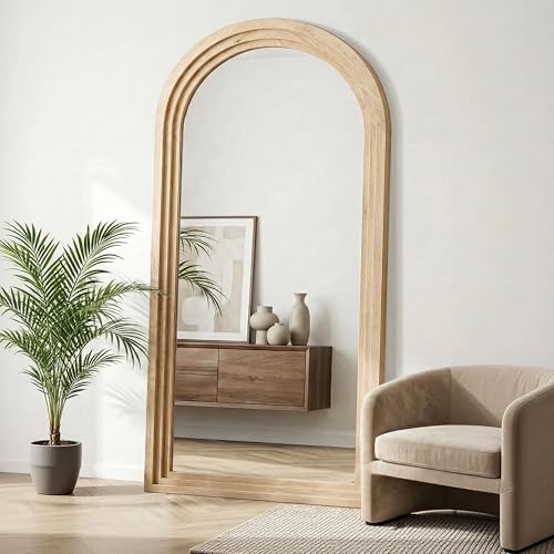 Arched Full Length Mirror with Stand, 75x35 Natural Wood Floor Mirror - Image 5