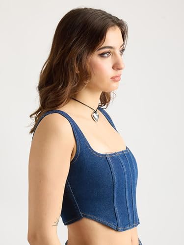 Image of Shasmi Girl's and Women's Blue Denim Crop Top, Square Neck, Sleeveless Corset Style Women Western Cotton Denim Bustier Vest Crop Top | Bralette Blouse | Sleeveless (Denim Top 158)
