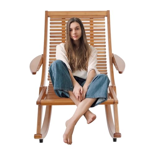 Tagowao Tumbona de bambú con reposabrazos, mecedora ergonómica para jardín, balcón, salón, terraza exterior