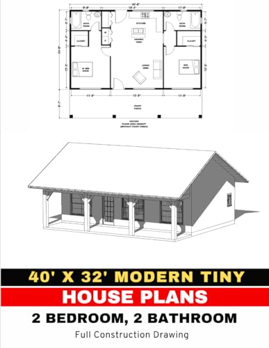 40' x 32' Modern Tiny House plan set: 2 Bedroom & 2 Bathroom: With all...