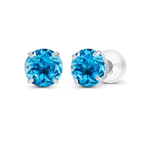 Genuine 14K Solid White Gold 6mm Round Natural Swiss Blue Topaz December Birthstone Stud Earrings